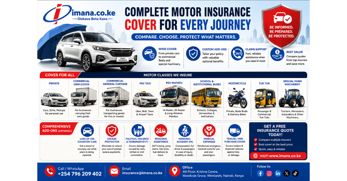 Complete Guide to Motor Insurance in Kenya (2026): Comprehensive, Third-Party, Motor Classes, Add-ons & How to Choose the Right Cover